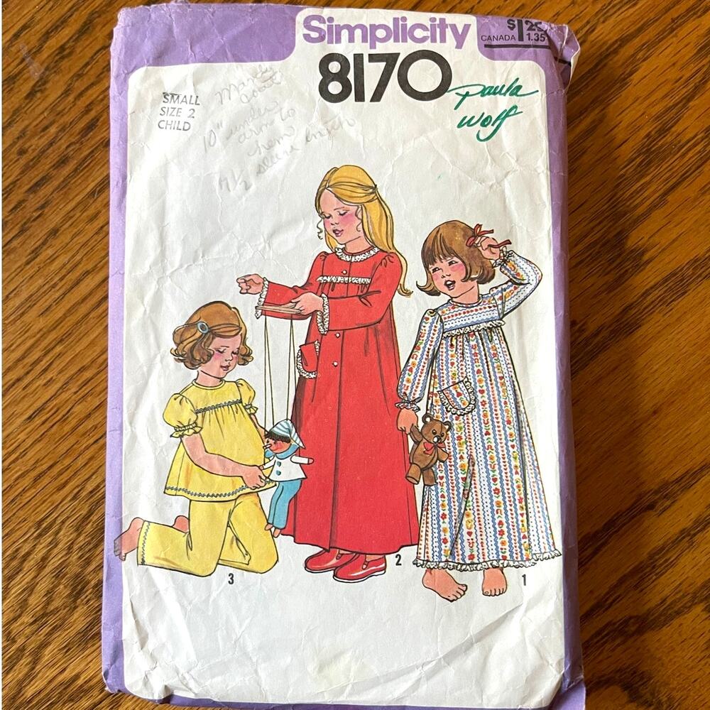 Vintage 1970s Simplicity 8170 Sewing Pattern Size 2 PJs Nightgown Robe COMPLETE